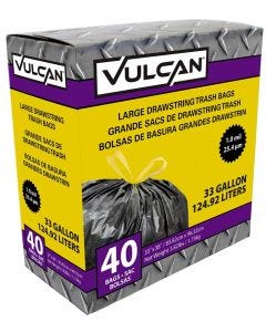 Vulcan - 33 Gal - Trash Bag w/Drawstring - 1Mil - Black - 40ct