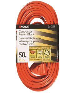 Woods - Extension Cord - Contractor Power Block 12/3 - 3-Outlet - Orange - 50Ft